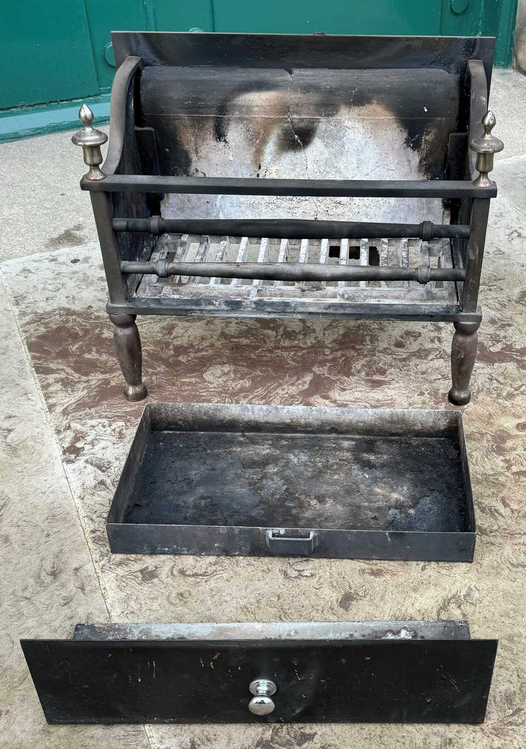 A cast metal fire basket, with detached drawer below with loose ashpan. 41.5cm high x 52cm wide x - Image 2 of 3