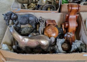 A box of assorted animal figures to include Spelter horse figures, toad figures, an inuit style