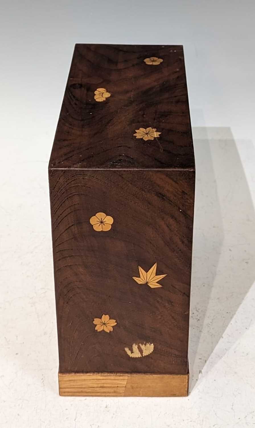 A Meiji period Japanese marquetry table cabinet, the upper section with tambor shutter opening to - Image 5 of 6