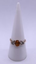 9ct gold citrine and diamond 3 stone ring - Size: P