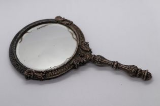 White metal hand mirror with beaded back