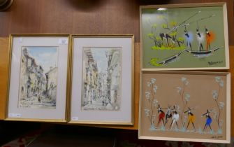 Pair of European watercolours indistinct signature together with 2 African watercolours