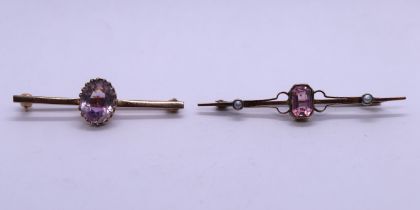 2 x 9ct gold amethyst brooches