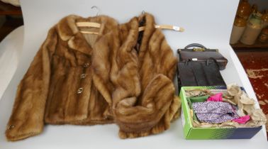 2 vintage leather hand bags together with furs to include mink