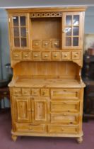 Pine dresser with unusual glass fronted drawers - Approx size: W: 122cm D: 46cm H: 215cm