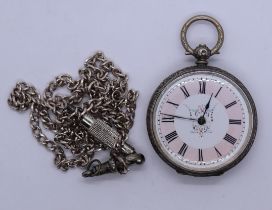 Hallmarked silver ladies pocket watch together with hallmarked silver chain, dogtag and winder