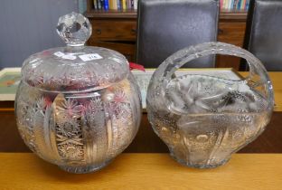 Cut glass lidded bow together with cut glass basket