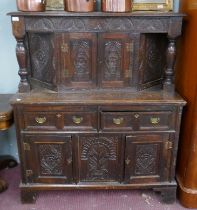 Antique carved oak court cupboard ex BBC Father Brown tv series - Approx size: W: 118cm D: 51cm H: