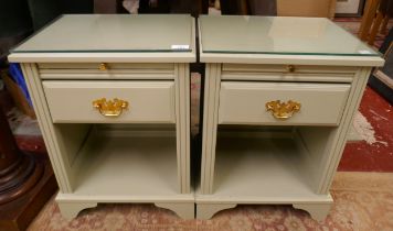 Pair of very good quality bedside cabinets with protective glass tops