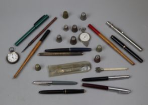 Collection of pens to include silver gold plated  Parker, several gold nibs, thimbles etc