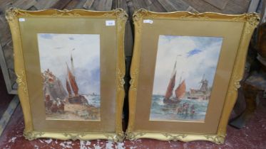 Pair of watercolours in ornate gilt frame - Ships at sea