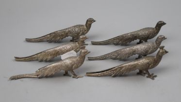 6 small white metal pheasant figurines