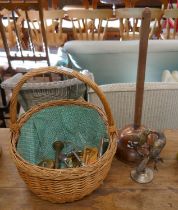 Basket of metal ware to include washing dolly, cigar cutter etc