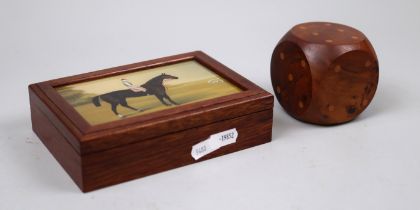 Decorated wooden box together with large wooden die