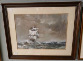 Dennis Frost pastel - Galleon on Stormy Sea - Approx image size 58cm x 41cm