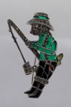 Silver enamel and ruby eyed fishing brooch/pendant