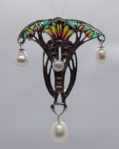 Silver enamel ruby and pearl pendant