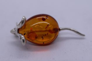 Silver and amber mouse brooch