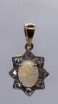 9ct gold opal and diamond pendant