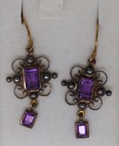 Pair of 9ct gold wired amethyst drop earrings