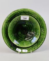 John Hudson B. 1946 green slipware bowl with bird decoration