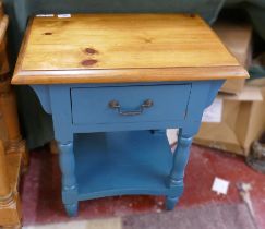 Pine side table with blue painted base and drawer