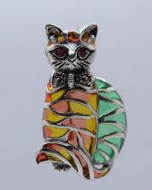 Silver, ruby, marcasite and enamel cat brooch/pendant