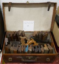 Collection of approx 30 vintage planes together with other tools in leather suitcase by Harrods