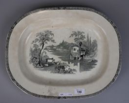 Early Victorian Staffordshire English meat platter, black transfer printed on cream