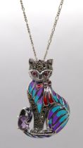 Silver marcasite ruby and amethyst enamel cat brooch/pendant on silver chain