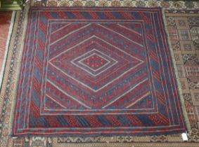 Red and blue pattered rug - Approx size: 115cm x 121cm