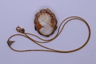 9ct gold necklace together with a 9ct gold cameo brooch