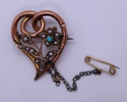 9ct gold sweetheart brooch set with seed pearl and turqoise