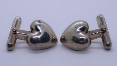 Pair of silver and diamond set heart-shaped cufflinks
