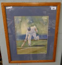 Watercolour of a cricketer by Richard Wharey - Approx image size: 27cm x 35cm