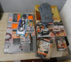 Good collection of 9 workshop items to include drill attachments, soldering iron, cutting jig etc.