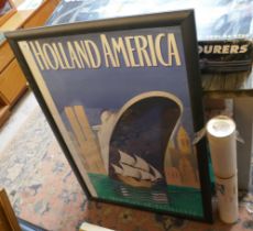 Collection of vintage Holland America advertising posters, one in frame