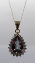 9ct gold teardrop pendent set with mystic topaz and diamonds on a 9ct gold chain