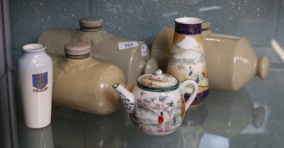 Collection of ceramics to include small chinese teapot and bedwarmers etc