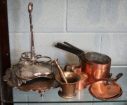 Collection of metalware to include copper pans and silverplate