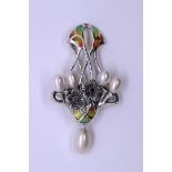Silver ruby and pearl set enamel floral brooch