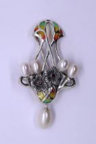 Silver ruby and pearl set enamel floral brooch