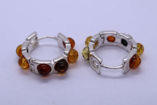 Pair of silver and amber hoop earrings