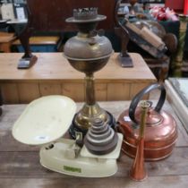 Collection of brass and copper ware together with a set of scales