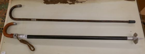 Walking stick with silver trim together with a shooting stick