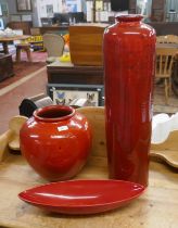 2 large red glazed vases together with a dish - Approx height of tallest: 68cm