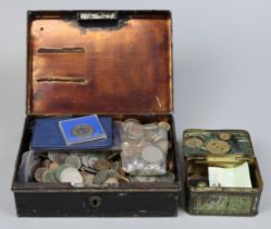 Collection of coins in 2 tins to include hallmarked silver partridge in a pear tree medallion