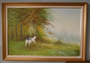 Oil on canvas of hunting dog signed Elford - Approx image size: 90cm x 60cm