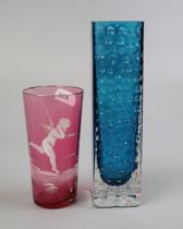 The White Friars turquoise and clear glass vase together with a cranberry glass vase