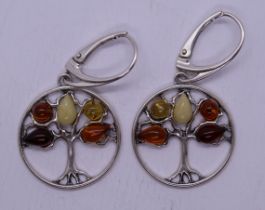 Pair of silver tree of life amber earrings